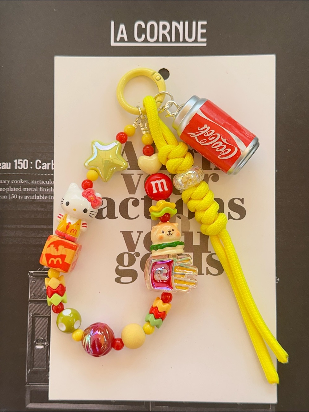 Cute Kawaii Kitty & Macdonald themed Bag Charm with Soda Can and 🍔🍟 food Beads